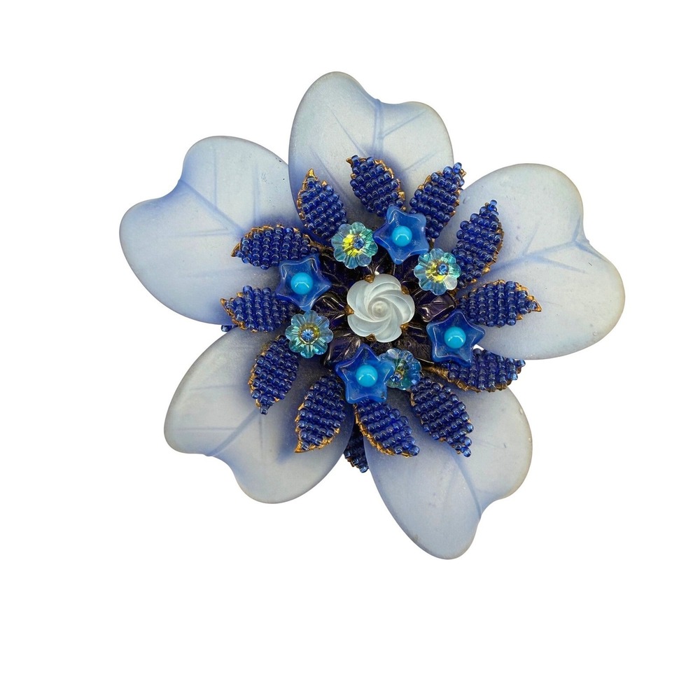 Stanley Hagler NYC Vintage Blue Frosted Resin Beaded Flower Brooch Pin Rare